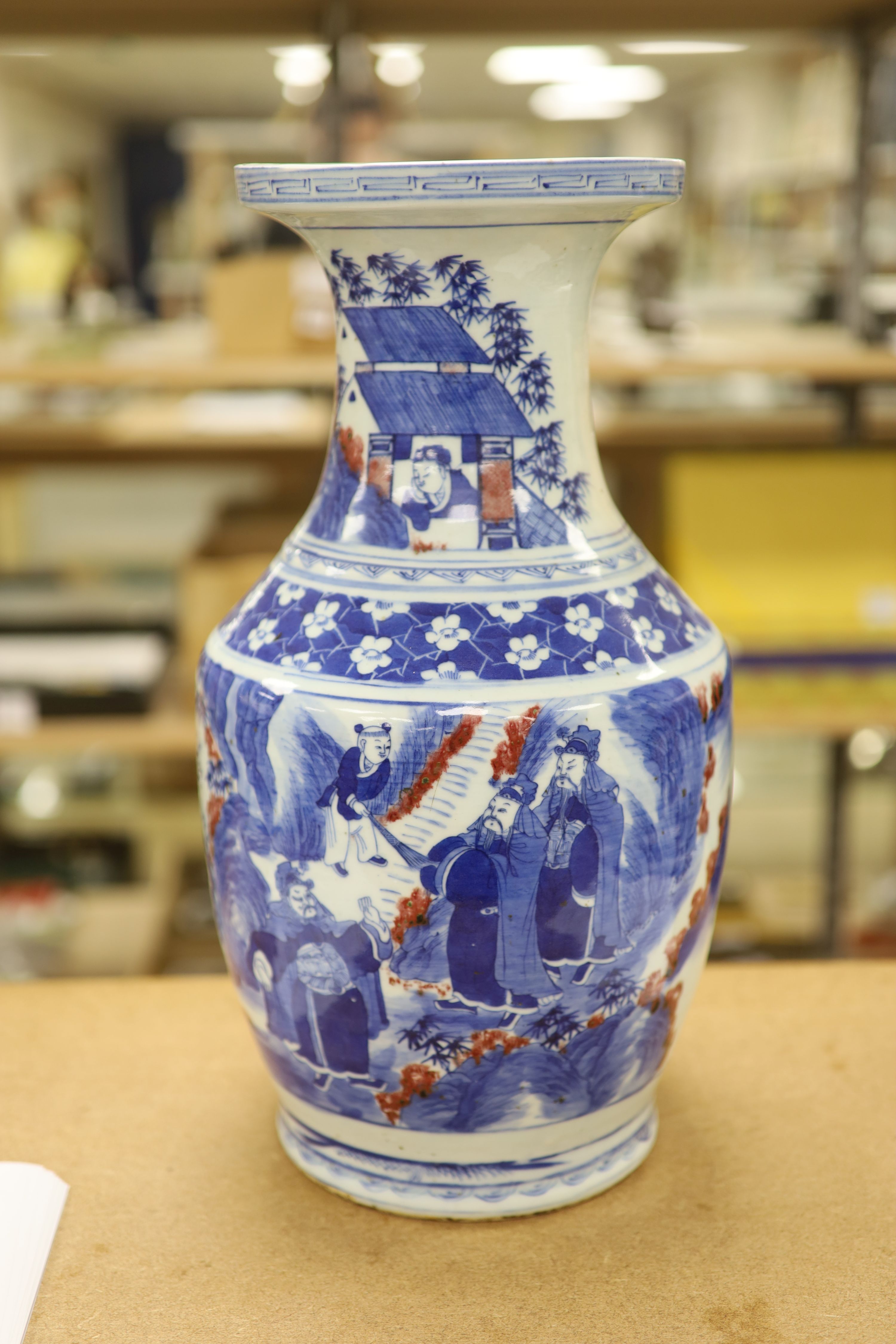 A large Chinese underglaze blue and copper red vase, height 41cm, restored neck